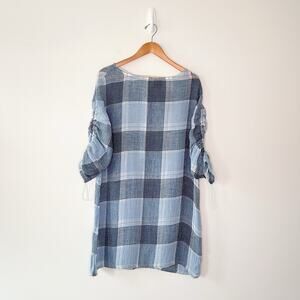 Snider by Staci Snider 100% Linen Blue Plaid Ruched Sleeves Tunic Dress Large
